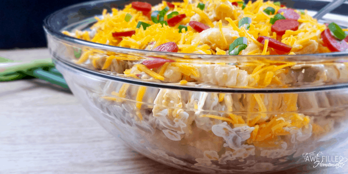 bowl of pepperoni pasta salad 
