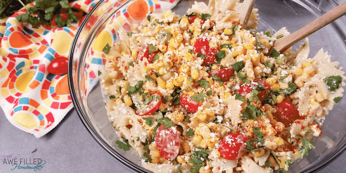 bowl of mexican street corn pasta salad 