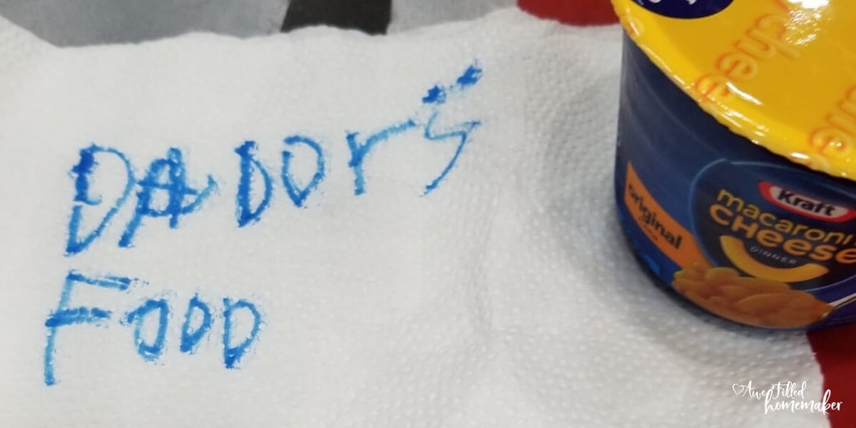 The kids love to send messages to their Dad through his lunch box. Here is a sweet message from our son to his father.