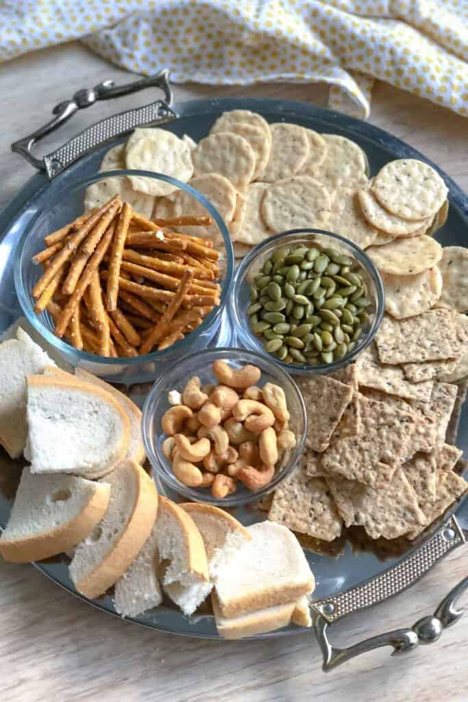 nuts and pretzels for charcuterie board