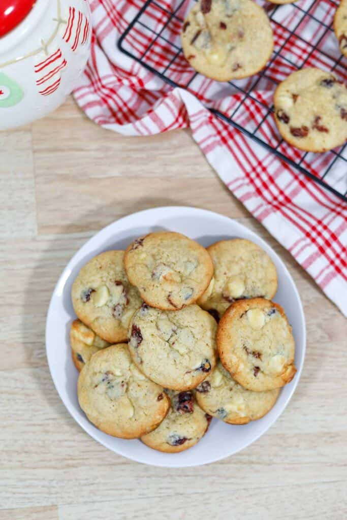 Cranberry White Chocolate Boozy Cookies on a plate 